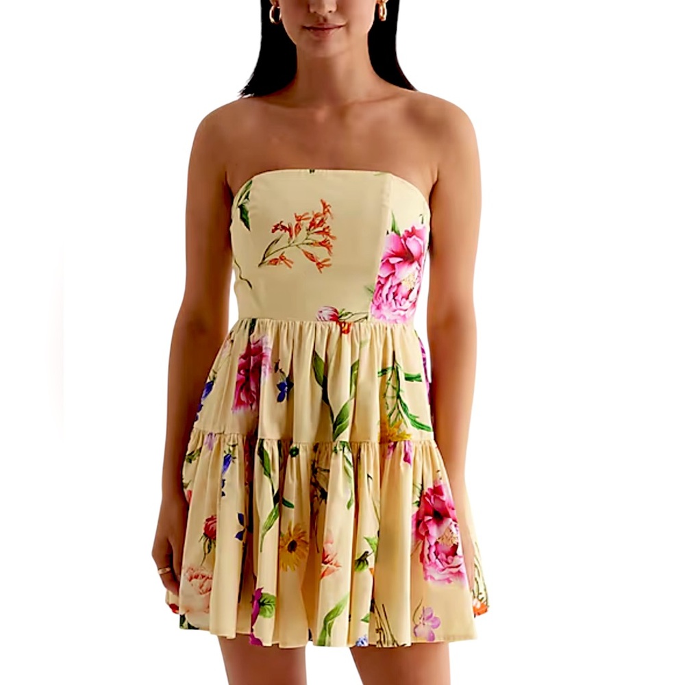 NEW Express Floral Strapless Tiered Poplin Mini Dress Yellow Pockets Sz 6 NWT